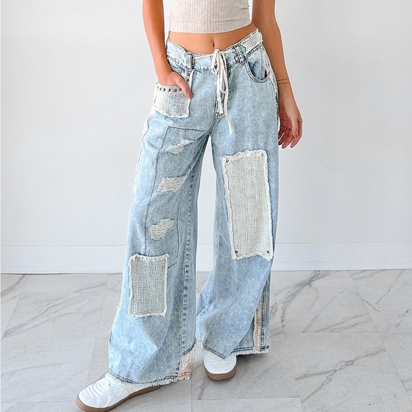 NWT POL Patchwork Crochet Boho Floral Print Wide Leg Relaxed Fit Denim Jean Pant - Picture 11 of 11